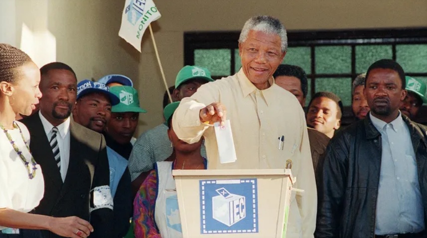 Nelson Mandela casts his vote at the John Langalibalele Dube’s Ohlange High School in Inanda, near Durban, on April 27, 1994. This is the uncomfortable truth of 2026: South Africa has achieved political freedom, but not yet freedom that feeds, protects and dignifies.  Image: AFP